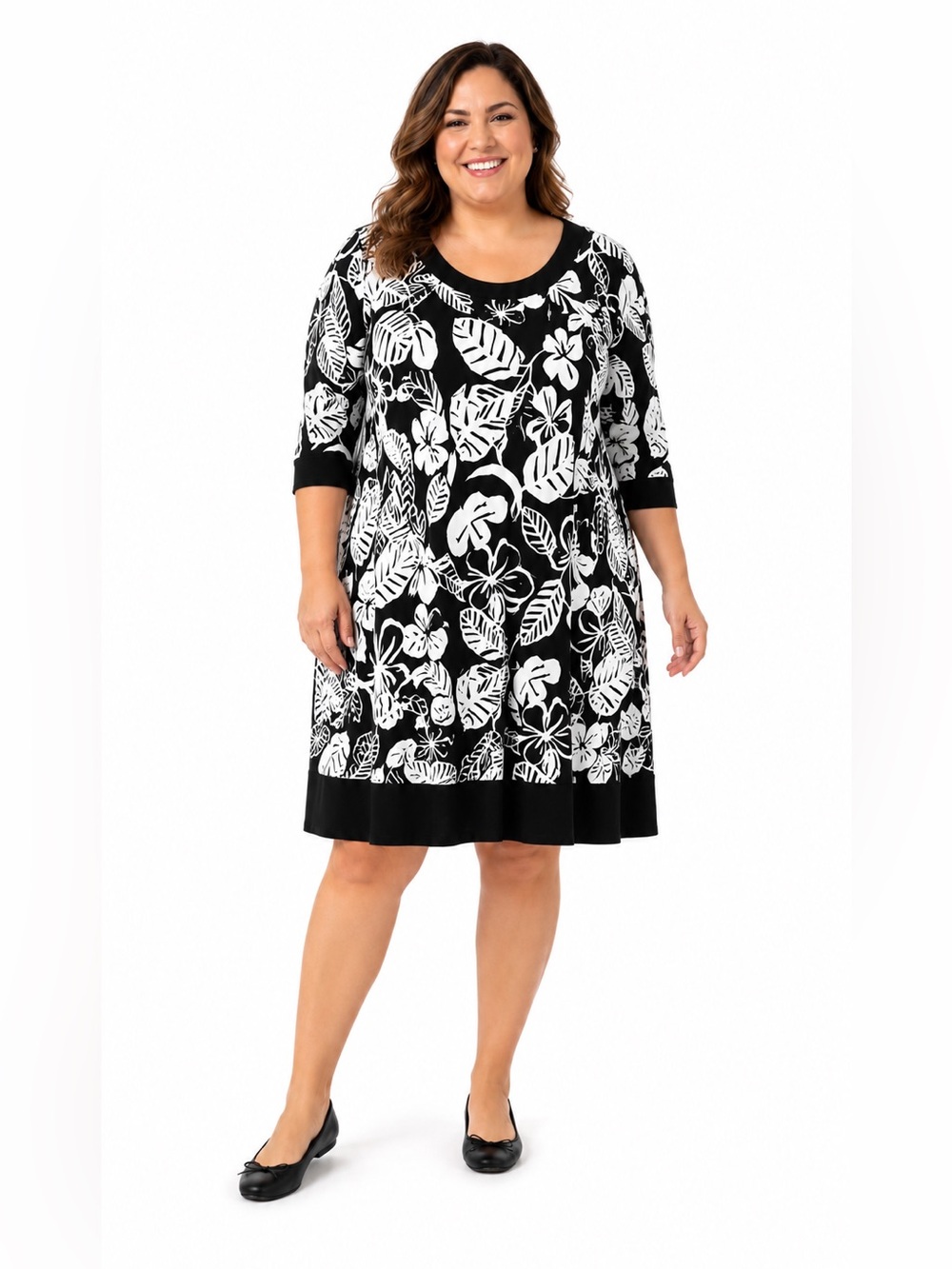 LAURA Jersey Knit Popover Dress Black & White Print MADE IN USA Sz 1X